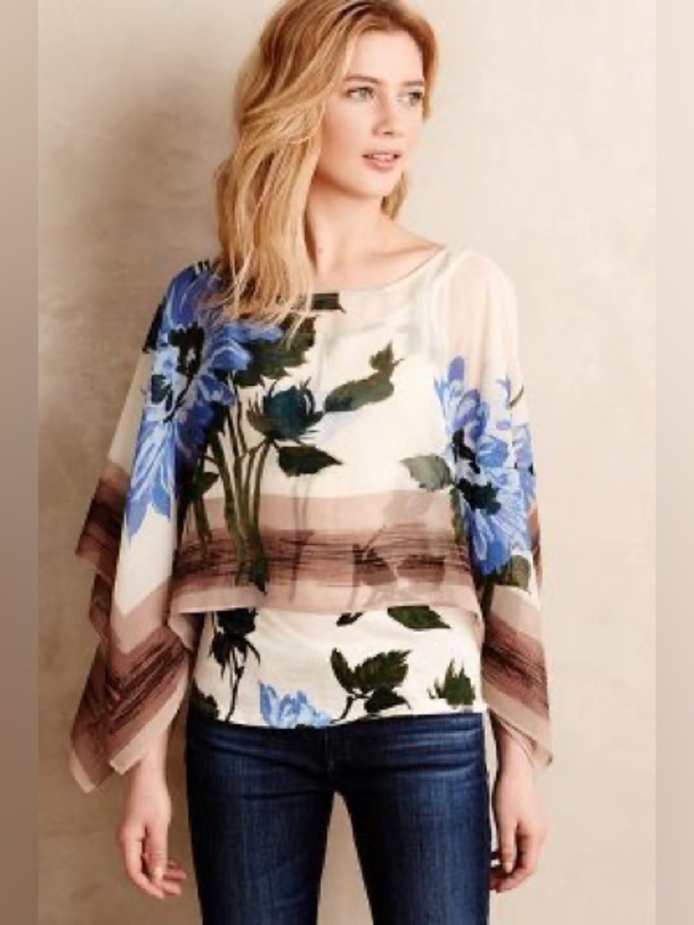 Anthropologie Tiny Blue Floral Chiffon Overlay Blouse Size Medium